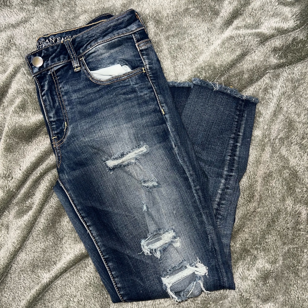 American Eagle Outfitters Dark Blue Distressed Ankle Jeans